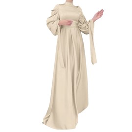 OBEEII Muslim Dress for Women Loose Full Cover Long Abaya Satin Dress Kaftan Abayas Islamic Robe Beige Large