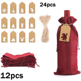 STEFORD Burlap Wine Gift Bags-12 Pack Jute Wine Bags with Drawstring Reusable Wine Bottle Covers with String and Tags for Christmas,Wedding,Birthday,Party Favors,6.3”x14.2”