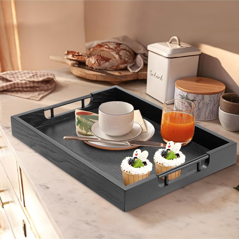 Large Black Solid Wood Serving Tray with Metal Handles, 17