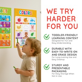 Decorably 4 Vibrant Extra Large Learning Posters for Toddlers 1-3, 17x24in PET-Laminated Easy-to-Write-On and Erase Educational Posters for Toddlers 1-3 with Alphabet, Numbers, Shapes, Colors