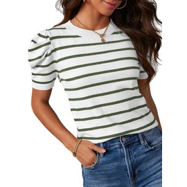 Dokotoo Striped Tops for Womens Fashion 2025 Summer Trendy Cute Crewneck Puff Short Sleeve Pullover Casual Green Stripe Oversized Tops for Women Spring Outfits Clothes Large