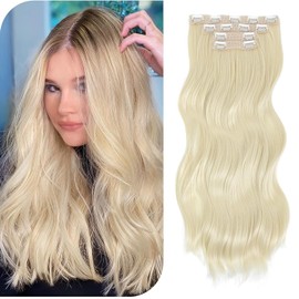 4PCS Blonde Wavy Clip in Hair Extensions 20inch Long Wavy Hair, Full and Thick Volume Double Weft Natural Soft Synthetic Hair Extensions for Women (#613-Bleach Blonde)