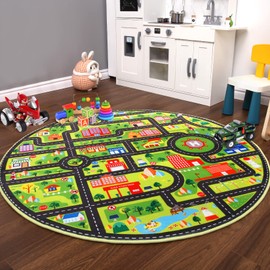FairOnly Kids Carpet 4ft Round Kids Rug,Playroom Car Rug Play Mat,City Life Road Rug for Cars,Fun City Map for Track Toys,Carpet for Bedroom Boys 4x4 Feet