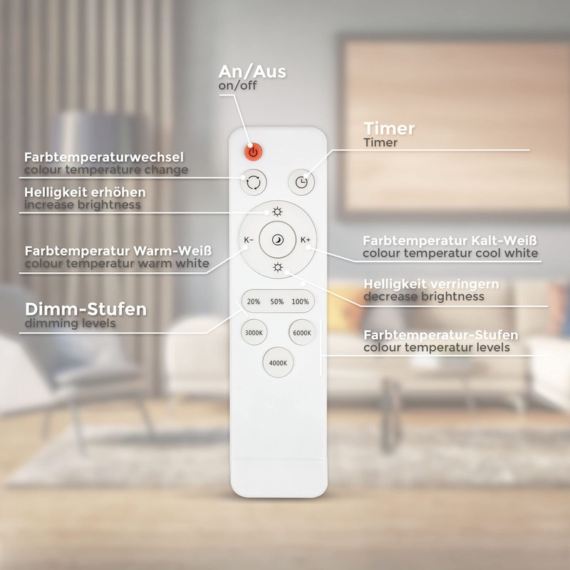 B.K.Licht - Bathroom Ceiling Light with Remote Control, Adjustable Warm