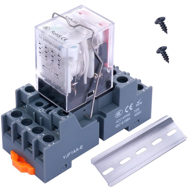 Taiss/AC 220V LED Indicator Electromagnetic Coil Relay 14 Pins 10A DPDT 4NO+4NC with Socket Base、DIN Rail Aluminum、Screw YJ4N-GS AC 220V