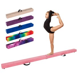 GYMAX 7/8/9 FT Folding Balance Beam, Foam Gymnastic Beam with Solid Wood Base, Carry Handle & Anti-Slip Bottom for Kids Teens, Portable Floor Gymnastics Equipment for Home Gym (Pink, 9FT)