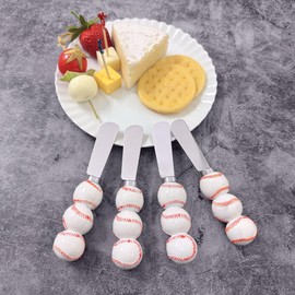 Supreme Housewares Cheese and Butter Spreader Baseball Decor 4-Piece Hand Painted Resin Handle with Stainless Steel Blade Multipurpose Cheese Spreader set (Baseballs)