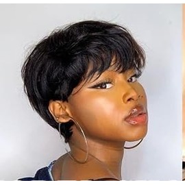 JuneMet Pixie Cut Wig Bangs Glueless Wigs with Bangs for Black Women Human Hair 6 Inch