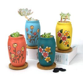 Summer Impressions 2.5 Inch Hand Painted Round Succulent Cactus Planter Pot Clay Pot Ceramic Plant Pot with Drainage Hole and Saucer Set of 4 (Green Yellow Orange Blue)