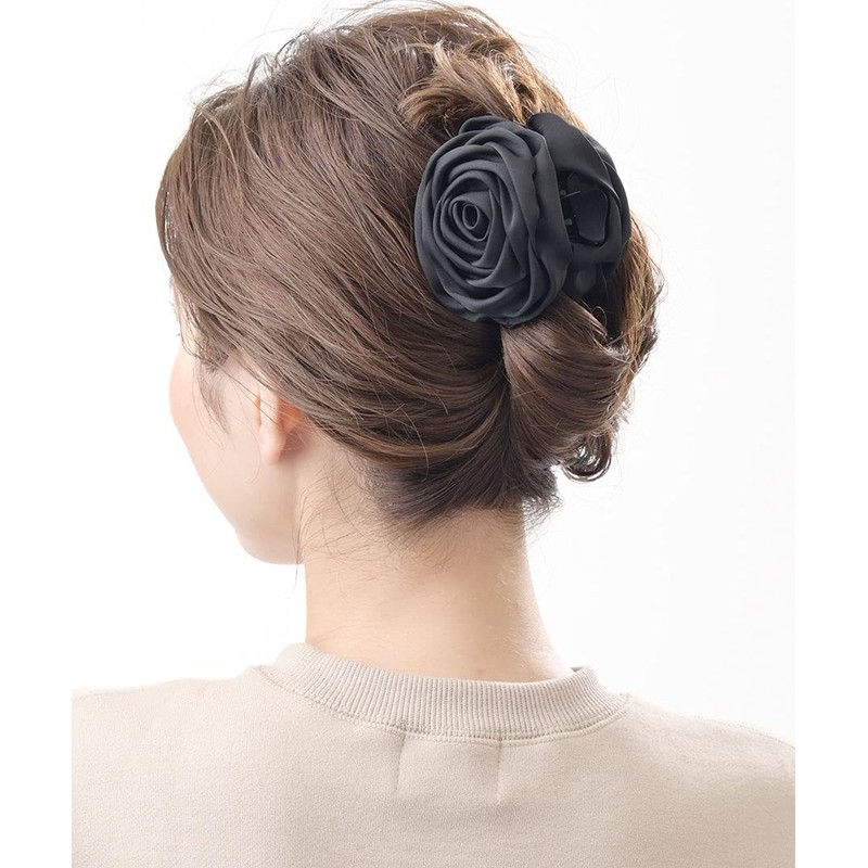 VINGTAINE H-195 Satin Rose Hair Claw Hair Clip, Black