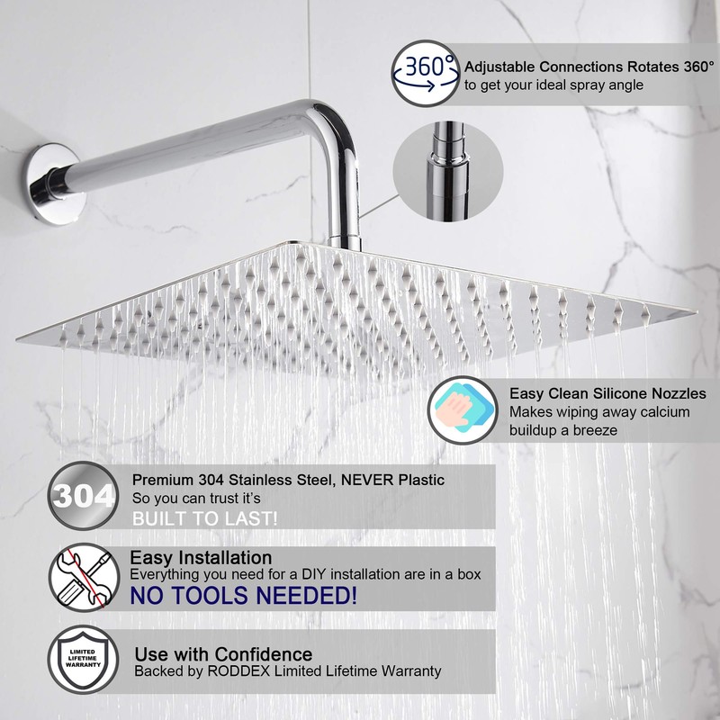 RODDEX Square Rain Shower Head, High Pressure Rainfall Showerhead, Large