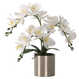 LESING Artificial Orchid Flower with Vase, White Orchid Bonsai Faux Orchid Phalaenopsis Plant Pot Arrangements for Home Decoration (White,Silver Vase)