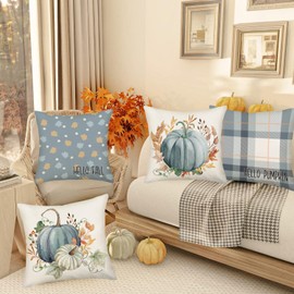 Fukeen Hello Fall Pumpkin Pillow Covers Set of 4 20x20 Inch Fall Decor Blue Buffalo Plaids with Autumn Maple Leaves Throw Pillow Cases Pumpkins Harvest Thanksgiving Farmhouse Decorative Pillows