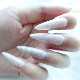 Pink Salt Press on Nails with Glitter Glossy Long Length French Nails Shining Kirakira Tips Design Special Edition False Nails for Women and Girls 24Pcs