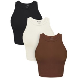 OLCHEE Womens 3 Pack Crop Tank Tops Basic Seamless Ribbed Round High Neck Racerback Workout Top Summer Causal Yoga Gym Shirts - Black Brown Beige Large