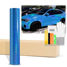 60"x108" (5FTx9FT) Holographic Glitter Light Blue Rainbow Neo Chrome Gloss Vinyl Wrap Auto Car Sticker Decal Film Sheet Bubble Free Air Release Technology with Tool Kit