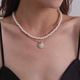 Erimberate Bohemian Layered Pearl Shell Choker Necklace Gold Clam Shell Pendant Necklace Scallop Pearl Chain Necklace Wedding Pearl Necklace Jewelry for Women Gifts
