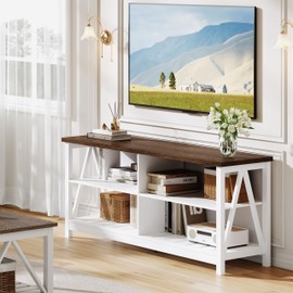 ChooChoo Farmhouse TV Stand for TVs up to 55 Inch, Modern Entertainment Center with 4 Open Shelves & Built-in Cable Holes, Media TV Console for Living Room, Bedroom, White