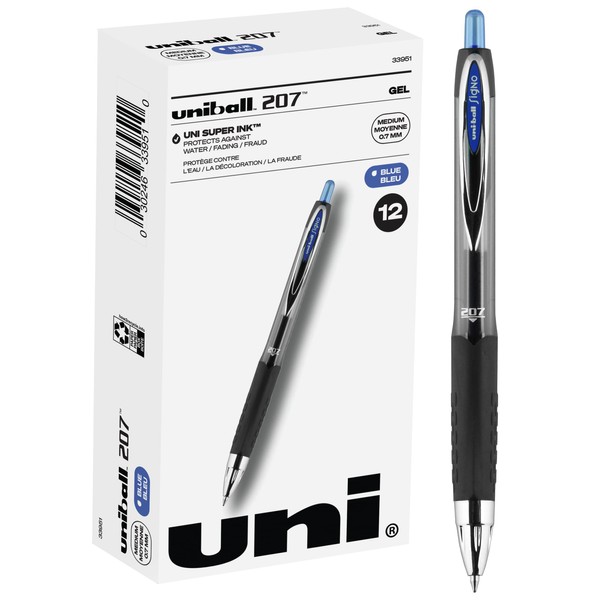 Uniball Signo 207 Gel Pens, 0.7mm Medium Blue, 12 Pack - Smooth Writing Office Supplies