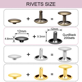 200Sets 12mm Double Round Cap Leather Rivets, Tubular Metal Spikes Studs, Leather Rivets for Key Fob Clothing Pets Collar Boots Bags Belt Repair and Decoration (Gun Black)
