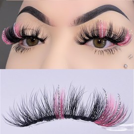 Miss Kiss 1 Pair Lashes with Pink Color Silver Glitter Manga Sparkly Highlight Lash Fairy Soft False Eyelash Fluffy Faux Mink Eyelashes 18 MM