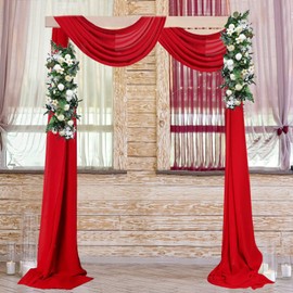 AMZLOKAE Red Wedding Arch Draping Fabrics 2 Panels Chiffon Fabric Drapery 18FT Voile Wedding Archway 6 Yards Wedding Ceremony Reception Swag Decorations Sheer Fabric for Draping Chiffon Drapes Swag