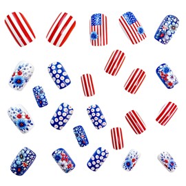 4th of July Press on Nails Medium Square Fake Nails with Florals Dot Desgins Independence Day Nails Press ons Glossy Glue on Nails Acrylic False Nails Artificial Stick on Nails for Women 24 Pcs