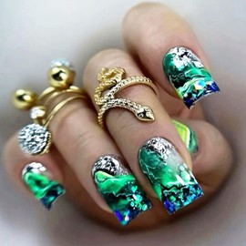 Green Gradient Press on Nails White Curve Line Stick on Nails French Tips Acrylic Fake Medium Square Nails 24 Pcs Glossy Silver Glitter False Nails Green Ombre Gel Glue on Nails for Women Girls