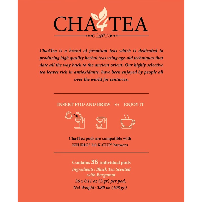 Cha4TEA 36-Count Earl Grey Tea Pods Compatible with Keurig K-Cup,
