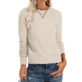 ANRABESS Womens Long Sleeve Sweaters Loose Fit Lightweight Scalloped Knit Soft Dressy Pullover Tops 2025 Fall Casual Outfits Almond Small