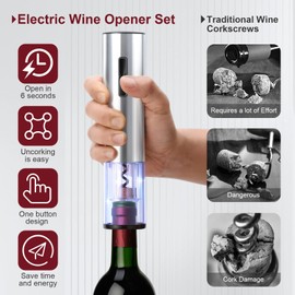Coocake Electric Wine Opener Set, Rechargeable Cordless Automatic Wine Bottle Corkscrew Opener with Aerator, Pourer, Vacuum Sealer and Storage Base, Battery Operated Wine Stopper Remover