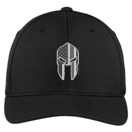 Embroidered Thin Silver Line Spartan Subdued American Flag Corrections Officer Flexfit Flex Fit Baseball Trucker Hat (L/XL, Black)