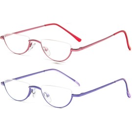 REAVEE 2 Pack Retro Designer Half Frame Reading Glasses Women Men Spring Hinge Half Moon Readers Stylish Slim Eyeglasses with Pouch,Pink and Purple 1.25