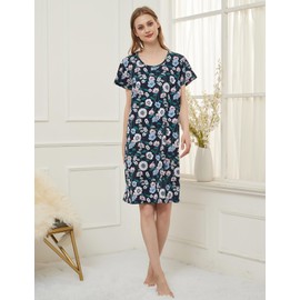 CHUNG Women Nighties Short Sleeve Above Knee Soft Cotton Nightdress Ladies loose Cute Animal Floral Print Summer Loungwear Sleepwear, Navy Daisy, 2XL(28-30)