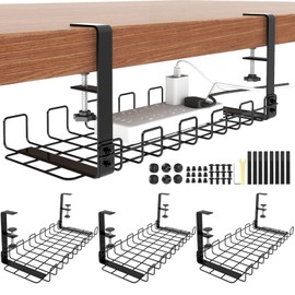 Burbell 4 Set Under Desk Cable Management Tray 15.75'' No Drill Steel Desk Cable Organizers with Clamps for Wire Management, Tray Holds up to 18 Lbs Computer Rack for Office, Black