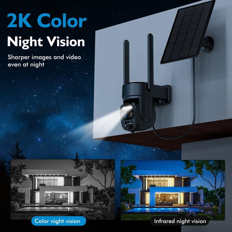 Solar Security Wireless Outdoor Camera,10X Zoom,2K Resolution 360° Pan Tilt