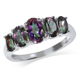 Silvershake 2.58ct. 5 Stone Mystic Fire Topaz White Gold Plated 925 Sterling Silver Ring Size 12, Sterling Silver, rainbow mystic fire topaz
