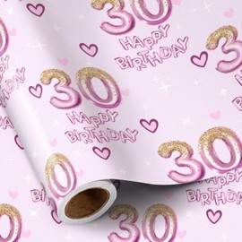 RUSPEPA 30th Birthday Wrapping Paper Women Girls, Hearts and Pink Number 30 Balloons Happy Birthday Design, 30 Years Old, Mini Roll, 17 Inches x 16.4 Feet, Perfect for Girls' Birthday Party Gifts