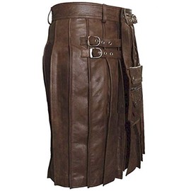 Mens Real Brown Leather Sexy Kilt Beautiful Pleated Utility Kilt with Sporran W38 X 20"