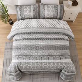 WONGS BEDDING Boho Quilt Set Queen Size, Grey Bohemian 3 Pieces Quilt Sets, Gray Lightweight Bedspread Coverlet Bedding Set for All Season (96"x90")