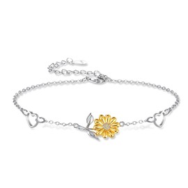 Clearine Sunflower Bracelet 925 Sterling Silver Double Heart Pendant Hypoallergenic Adjustable Bracelet for Women Girls