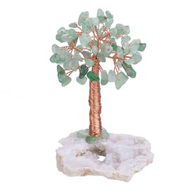 mookaitedecor Green Aventurine Natural Crystal Money Tree with Druzy Geode Quartz Base, Copper Wire Wrapped Fengshui Tree Figure for Office Home Decoration, Symbol of Wealth and Happiness