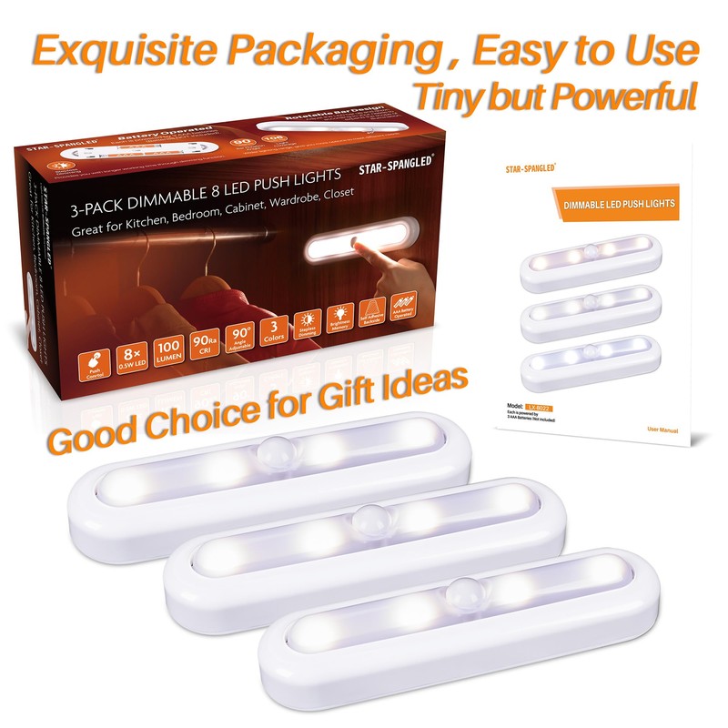 STAR-SPANGLED 3 Pack 7” Dimmable Push Tap Lights, Stick on