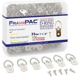 FramePac D Ring Picture Hangers with Screws - 100 Pack - Bulk D Rings - Pro Quality Hangers - Picture Hanging Solutions