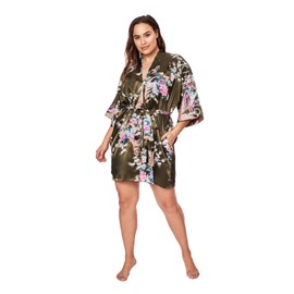 KIM+ONO Plus Size Women's Satin Kimono Robe Short - Floral - Peacock & Blossoms - Caper (Green), Satin Kimono Robes for Women with Floral Designs, 35.5 inches in Length, Plus Size.