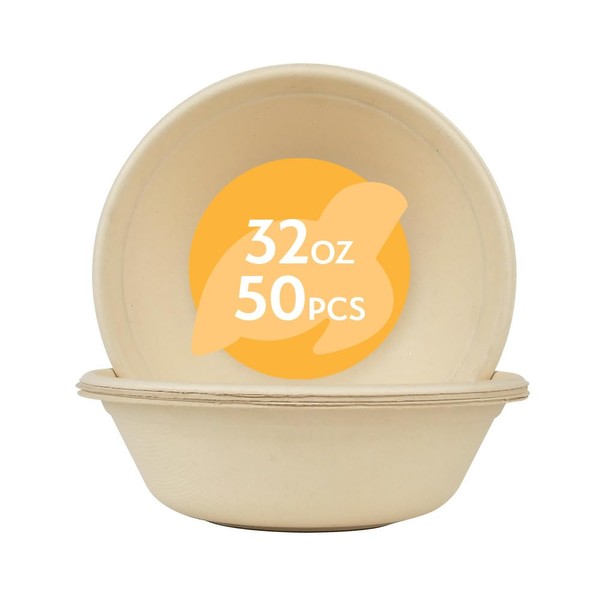 Earth's Natural Alternative 100% Compostable Paper Bowls [32oz 50 Pack] Soup Bowls, Pasta Bowls, Cereal, Salad, Ice Cream, Disposable Bamboo Large Bowls, Biodegradable, Unbleached