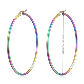 BIYONGDE Large Circle Huggie Hinged Hoop Earrings Womens Steel Oxidized Rainbow, 7CM Wide Lightweight Party