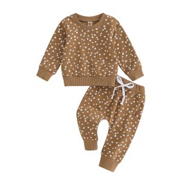 Toddler Baby Girl Fall Winter Clothes Long Sleeve Floral Print Sweatshirt Top + Casual Pants 2Pcs Set Infant Clothes (K-Brown, 18-24 Months)