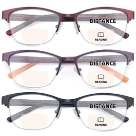 zooxsky 3 Pack Bifocal Reading Glasses for Women Men Bi-Focal Readers Metal Half Frame Spring Hinge Dual Focal Eyewear (Multicolor, +1.75)