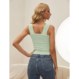 AIHUKOCY Women Square Neck Wide Strap Floral Crop Tank Top Sleeveless Lettuce Trim Solid Slim Cropped Cami Vest Tops Light Green